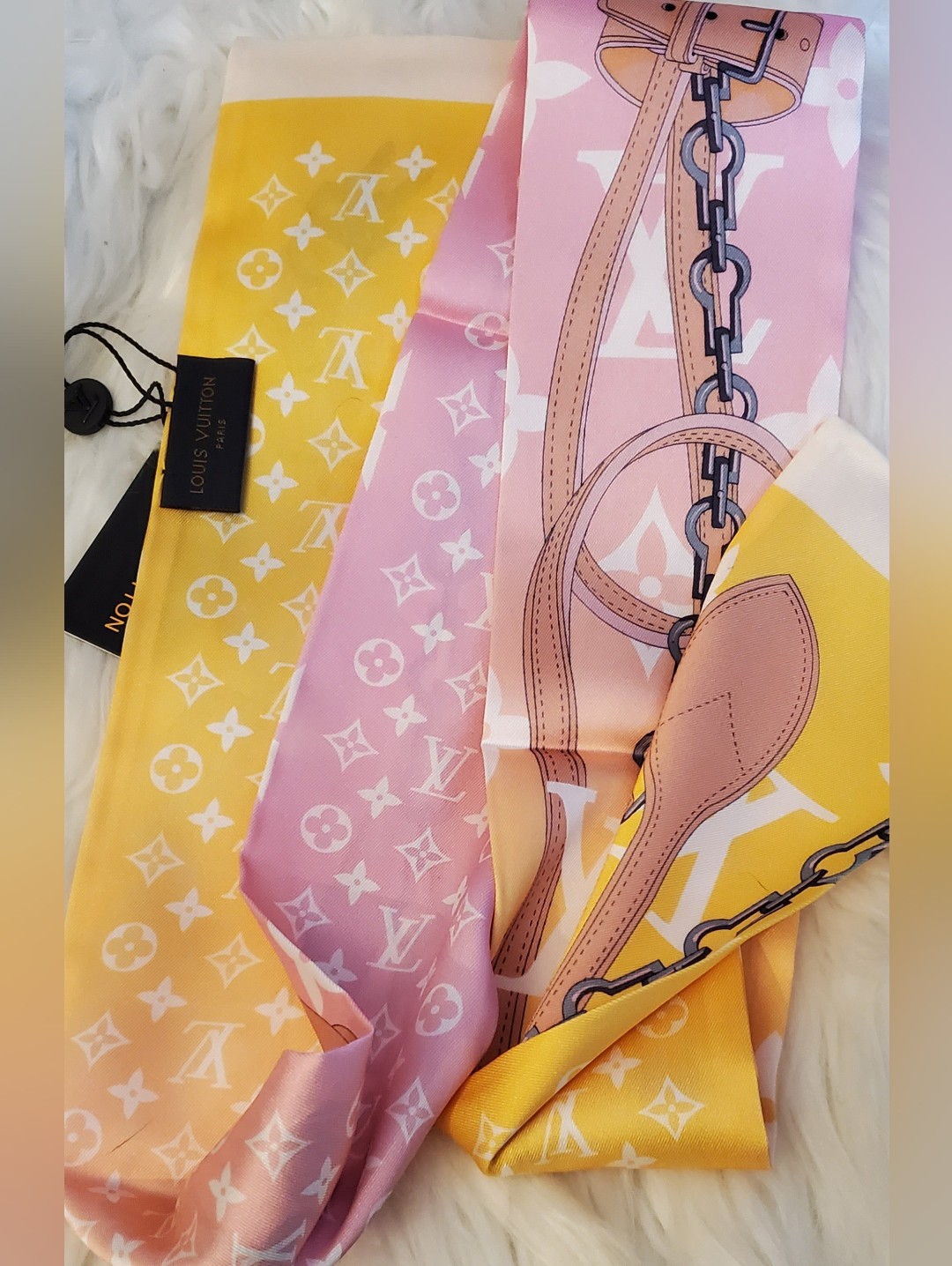 100 Silk Bag Twilly Pink  Yellow Monogram Silk Scarf